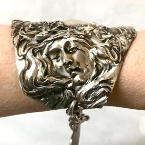 Antique Goddess Evangeline Sterling Silver Cuff Bracelet Victorian 925 Lady Face